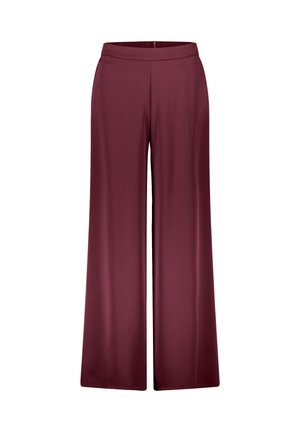 Pantaloni donna burgundy a gamba larga con vita piatta e tessuto liscio, mostrati su sfondo bianco.