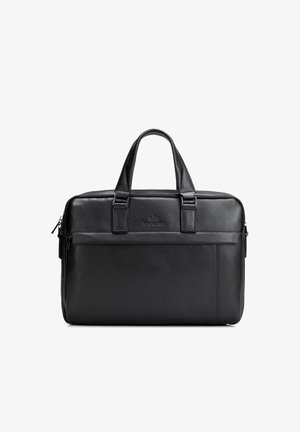 Czarna teczka z teksturowanej skóry z podwójnymi uchwytami, zamkiem błyskawicznym i przednią kieszenią, zaprojektowana do użytku zawodowego.