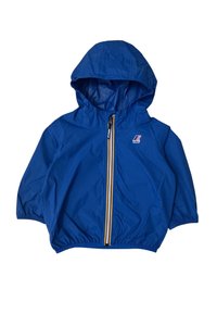 Giacca leggera blu con cappuccio, dotata di chiusura frontale con zip e polsini elasticizzati. Presenta una striscia multicolore sulla zip.