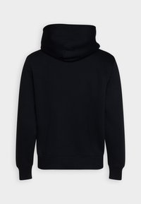 Black hoodie with a smooth texture, featuring a large hood, long sleeves, and ribbed cuffs. Simple design, no visible logos or patterns.
