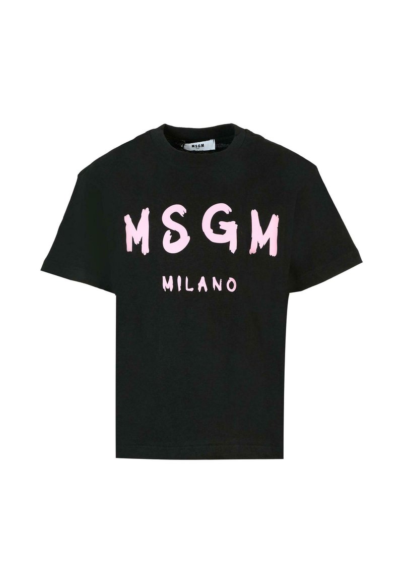 Czarny bawełniany t-shirt z krótkim rękawem. Na przodzie widnieje napis "MSGM" i "MILANO" w różowym, malarskim stylu. Klasyczny okrągły dekolt.