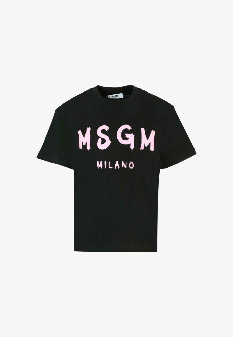 Czarny bawełniany t-shirt z krótkim rękawem. Na przodzie widnieje napis "MSGM" i "MILANO" w różowym, malarskim stylu. Klasyczny okrągły dekolt.