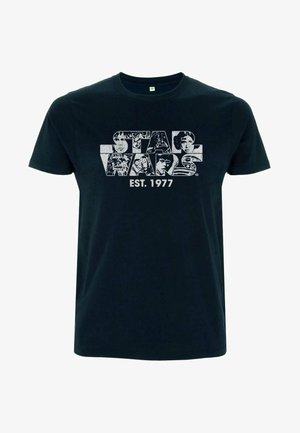 T-shirt in cotone nero con stampa grafica bianca "Star Wars" con immagini dei personaggi e "EST. 1977" sottostante. Design classico con scollo a girocollo.