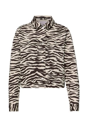 Skjortejakke med sort-hvid zebra print, lange ærmer, spids krave og to brystlommer foran med knapper.