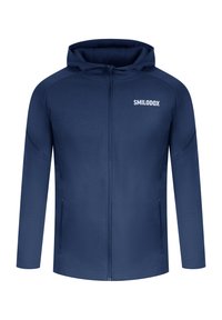 Giacca cappuccio navy con zip frontale, tasche laterali e logo "SMILODOX" sul petto. Realizzata in tessuto liscio e elasticizzato.