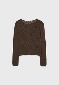 Maglione marrone a maglia con un design corto, maniche lunghe e motivo a reticolo a forma di diamante su tutta la superficie. Presenta un collo rotondo.
