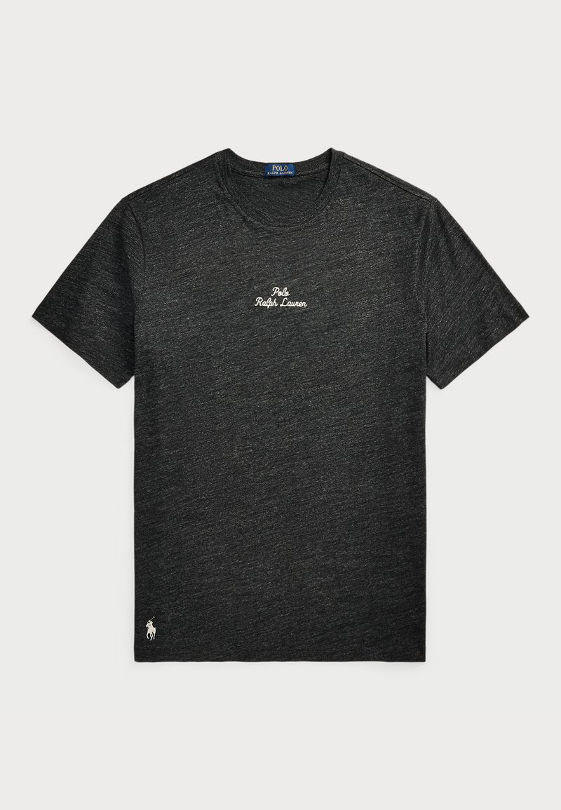 Črna bombažna majica s kratkimi rokavi, okroglo ovratnikom, s katero se ponaša belo vezeno "Polo Ralph Lauren" logo na prsih in logo ponija na robu.