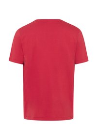 Maglietta rossa in cotone con maniche corte, collo rotondo e un design semplice. Tessuto liscio, colore uniforme e senza motivi o dettagli visibili.
