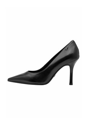 Black leather high-heeled pump with a pointed toe, sleek silhouette, and a decorative silver accent on the outer side.