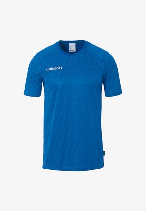 Blå kortærmet sports T-shirt med et tekstureret mønster, rund halsudskæring og et logo på forsiden. Lavet af letvægts, åndbart stof.