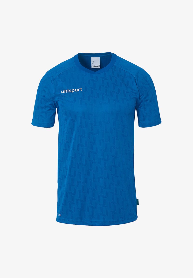 Blå kortærmet sports T-shirt med et tekstureret mønster, rund halsudskæring og et logo på forsiden. Lavet af letvægts, åndbart stof.