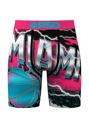 Boksershorts med et levende design i pink og sort, som viser teksten "MIAMI" og et turkist basketballgrafikk. Laget av pustende materiale.