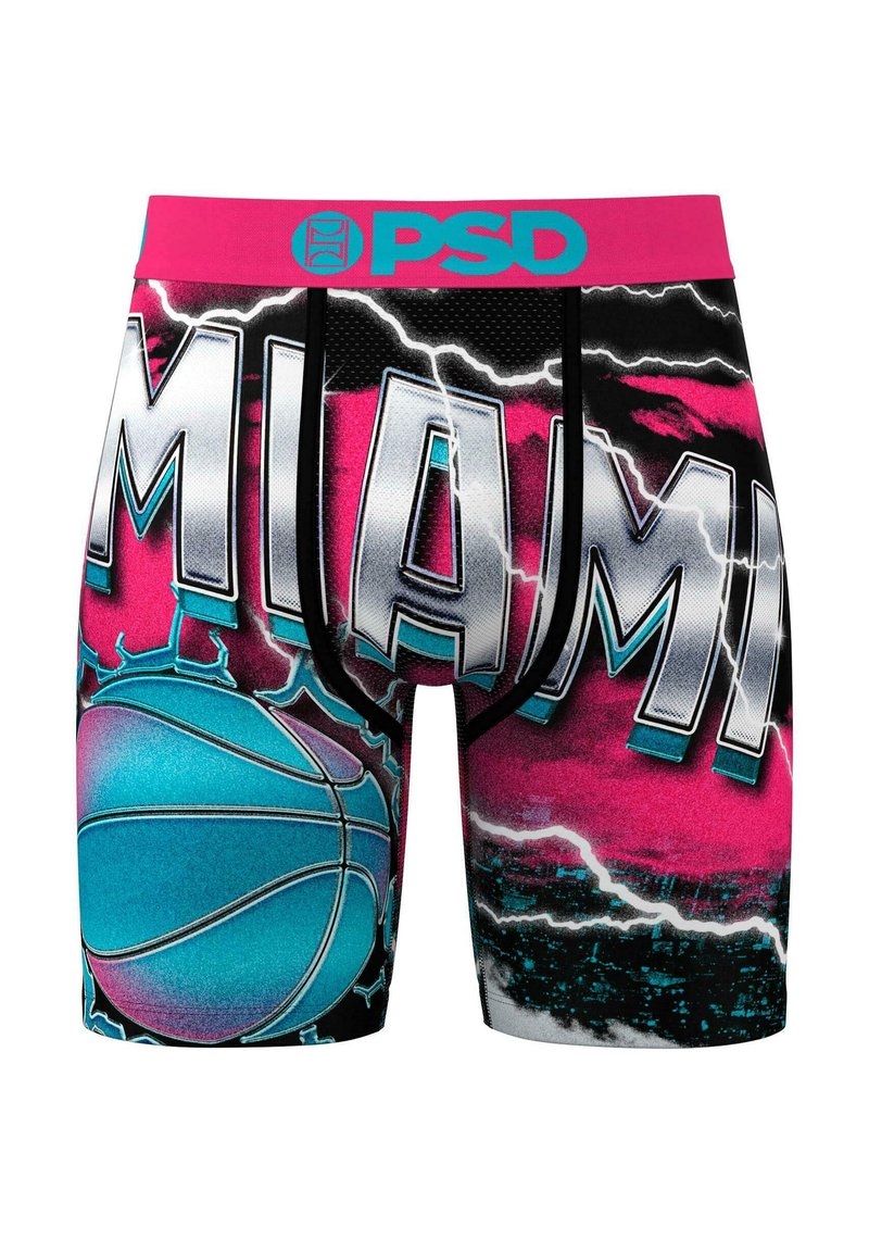 Boxeri cu un design vibrant în roz și negru, cu textul "MIAMI" și o grafică turcoaz de baschet. Fabricate dintr-un material respirabil.