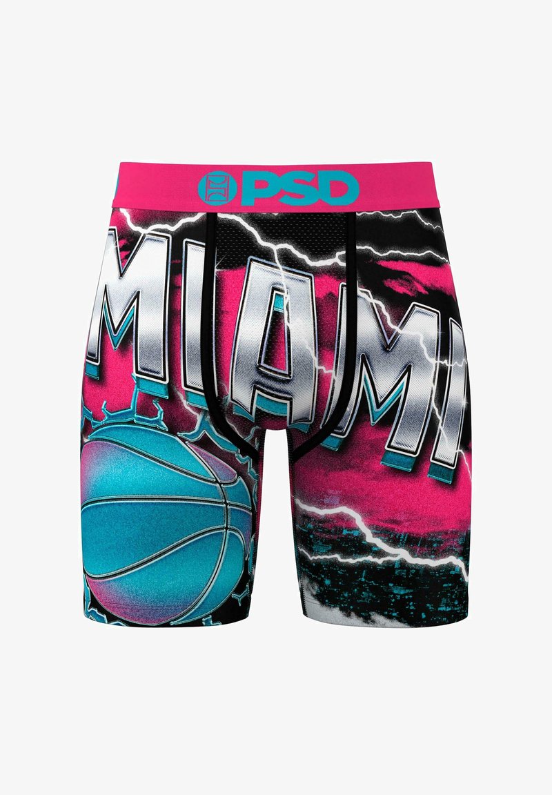 Boxeri cu un design vibrant în roz și negru, cu textul "MIAMI" și o grafică turcoaz de baschet. Fabricate dintr-un material respirabil.