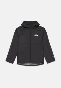 Veste légère noire avec capuche, fermeture éclair frontale, doublure en mesh et poche poitrine. Présente un logo blanc sur le côté gauche.