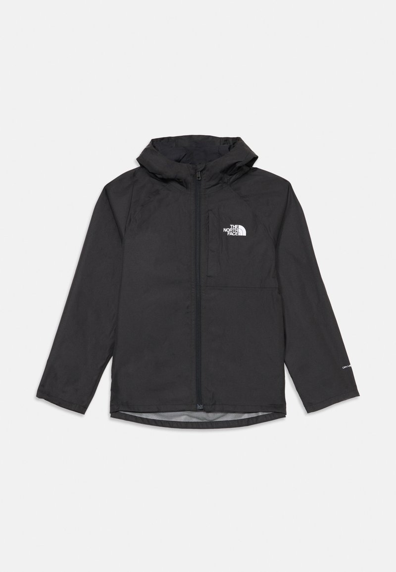 Veste légère noire avec capuche, fermeture éclair frontale, doublure en mesh et poche poitrine. Présente un logo blanc sur le côté gauche.