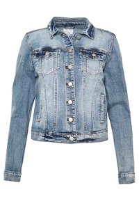 Světlá modrá denimová bunda se dvěma náprsními kapsami, stříbrnými knoflíky a klasickým límcem. Má mírně opranou texturu a přiléhavý střih.