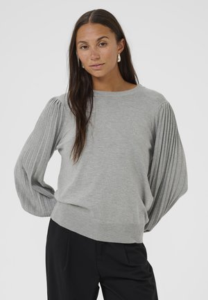 Gray knit sweater with ribbed balloon sleeves, crew neckline, and a fitted waistband. Soft texture and medium weight fabric.