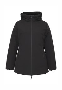 Giacca nera isolata con cappuccio, zip frontale, due tasche laterali con zip e polsini elasticizzati, progettata per il freddo.