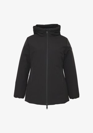 Giacca nera isolata con cappuccio, zip frontale, due tasche laterali con zip e polsini elasticizzati, progettata per il freddo.