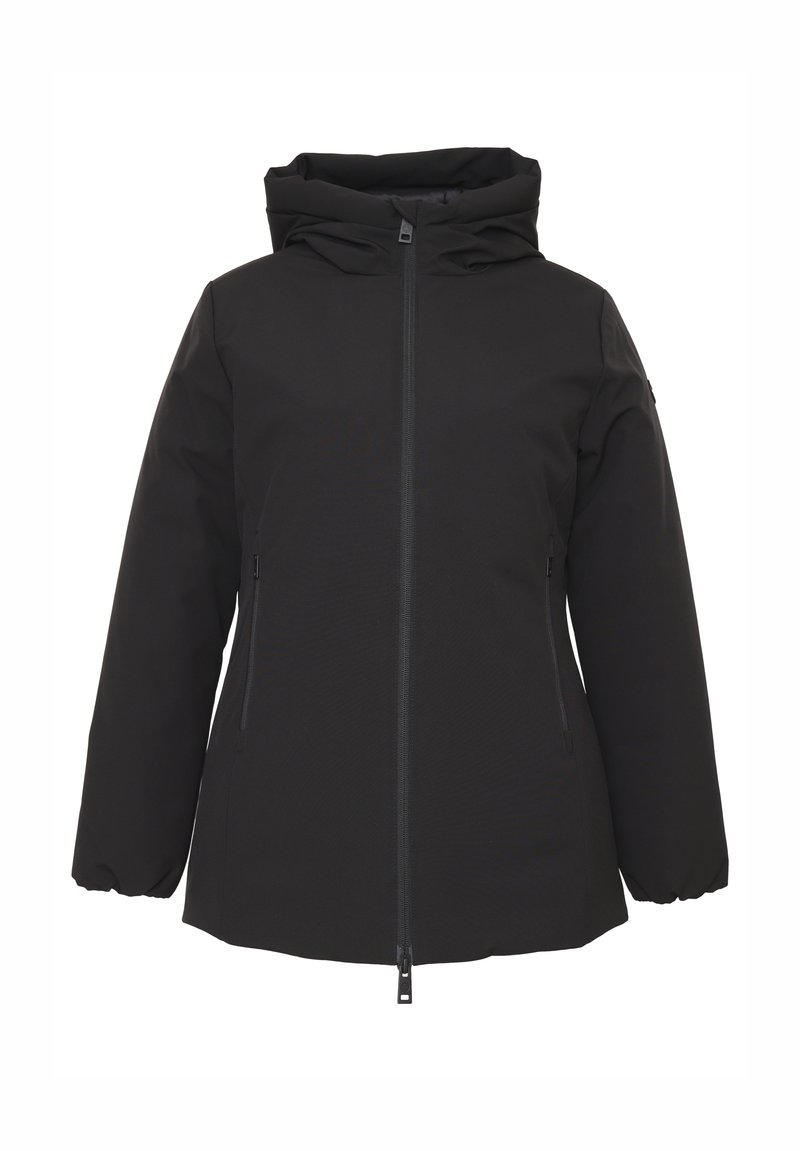 Giacca nera isolata con cappuccio, zip frontale, due tasche laterali con zip e polsini elasticizzati, progettata per il freddo.