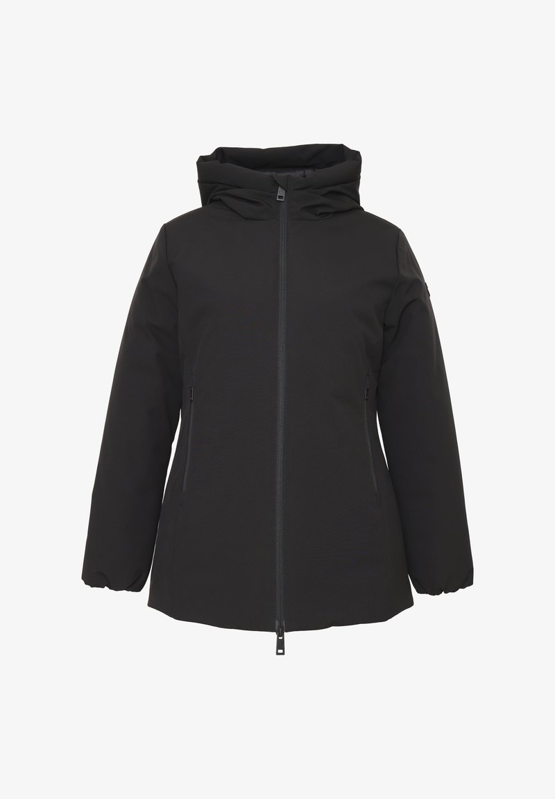 Giacca nera isolata con cappuccio, zip frontale, due tasche laterali con zip e polsini elasticizzati, progettata per il freddo.