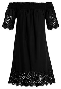 Černé šaty bez ramínek s smockovaným výstřihem, krátkými rukávy s výšivkou a detaily s vlnkovým lemem. Lehké materiály.