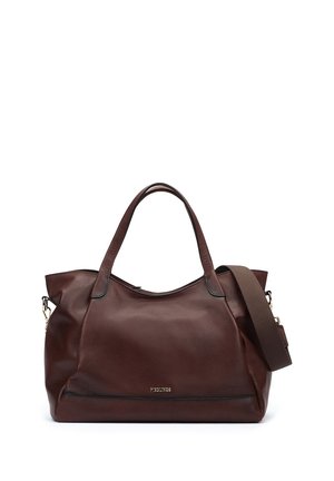 Sac fourre-tout en cuir marron foncé avec double poignée, bandoulière large détachable et petit logo doré à l'avant.