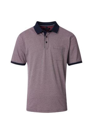 Polohemd in Bordeaux mit strukturiertem Muster, navyfarbenem Kragen und drei Knöpfen. Verfügt über eine Brusttasche und kontrastierende Ärmelbündchen.