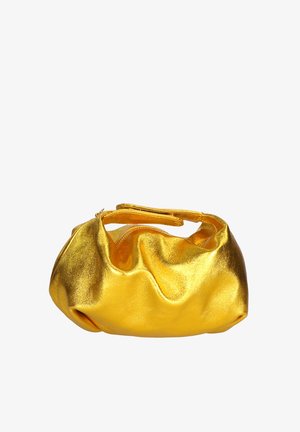 Borsa in tessuto metallico gialla con design stropicciato, chiusura con zip e una tracolla per un uso a mano. Texture liscia con una finitura lucida.