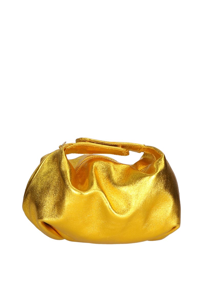 Borsa in tessuto metallico gialla con design stropicciato, chiusura con zip e una tracolla per un uso a mano. Texture liscia con una finitura lucida.