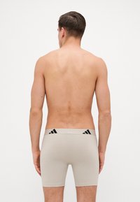 Boxer briefs atléticos beige com uma textura suave, apresentando um logo preto de três riscas na faixa elástica da cintura. Vista traseira.