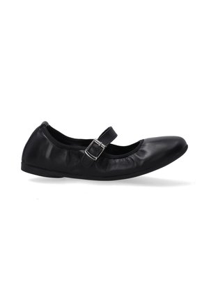 Schwarze Leder-Ballerinas mit runder Spitze, gerafftem Textur entlang des Randes und flacher Gummisohle. Mit einem kleinen Schnallenriemen.