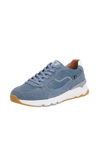 Blue suede sneaker with a textured finish, white and gray sole, round toe, and padded collar. Features tonal stitching and logo detail.
