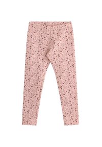Rosa leggings med ett blommönster bestående av små röda och vita blommor, tillverkade av mjukt, stretchigt tyg, med ett elastiskt midjeband.