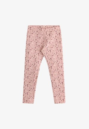 Vaaleanpunaiset legginsit, joissa on kukkakuosi, jossa on pieniä punaisia ja valkoisia kukkia, valmistettu pehmeästä ja joustavasta kankaasta, jossa on kumpparinauha vyötäröllä.