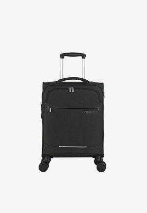 Maleta de mano negra con un diseño sólido, textura suave, cremalleras metálicas, dos ruedas y un asa extensible de aluminio. Cuenta con un bolsillo frontal.