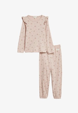 Rosa Pyjama-Set mit langem Arm, kleinem Blumenmuster, Rüschen an den Schultern des Oberteils und elastischen Bündchen an der Hose.