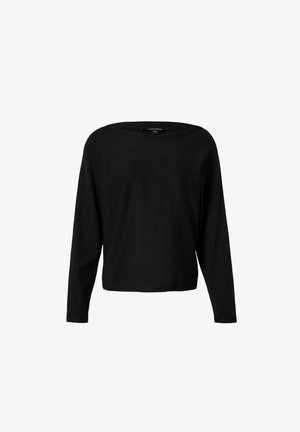 Black long-sleeve sweater with a wide neckline, made of soft fabric, featuring a loose fit and minimalistic design, without patterns or accents.