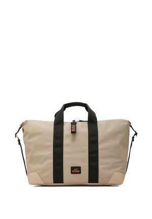 Borsa a secchiello beige con cinghie verticali nere, manici superiori, tracolla rimovibile e una patch con logo SUN68 sulla parte anteriore.
