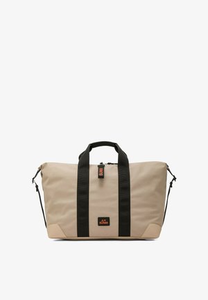 Borsa a secchiello beige con cinghie verticali nere, manici superiori, tracolla rimovibile e una patch con logo SUN68 sulla parte anteriore.