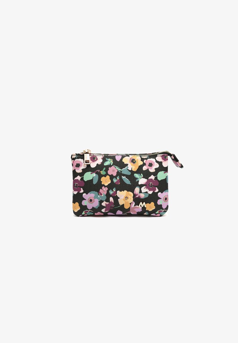 Black zippered pouch with multicolored floral print, small wrist strap, and gold-colored zipper pull and logo detail.