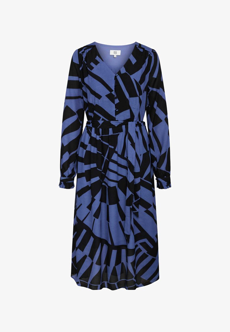 Pitkähihaista sinisestä kankaasta valmistettua mekkoa, jossa on rohkea musta geometrinen kuvio. Mekossa on v-pääntie, napit edessä ja sidottava vyötärö.