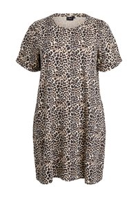 Leopardenmuster Kurzarmkleid in Beige und Schwarz, mit Rundhalsausschnitt und lockerer Passform. Weicher Stoff mit glatter Textur.