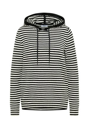 Gestreifter Kapuzenpullover in Schwarz und Weiß mit Kordelzug an der Kapuze, gerippten Bündchen und Saum. Hergestellt aus weichem Strickmaterial mit lässiger Passform.