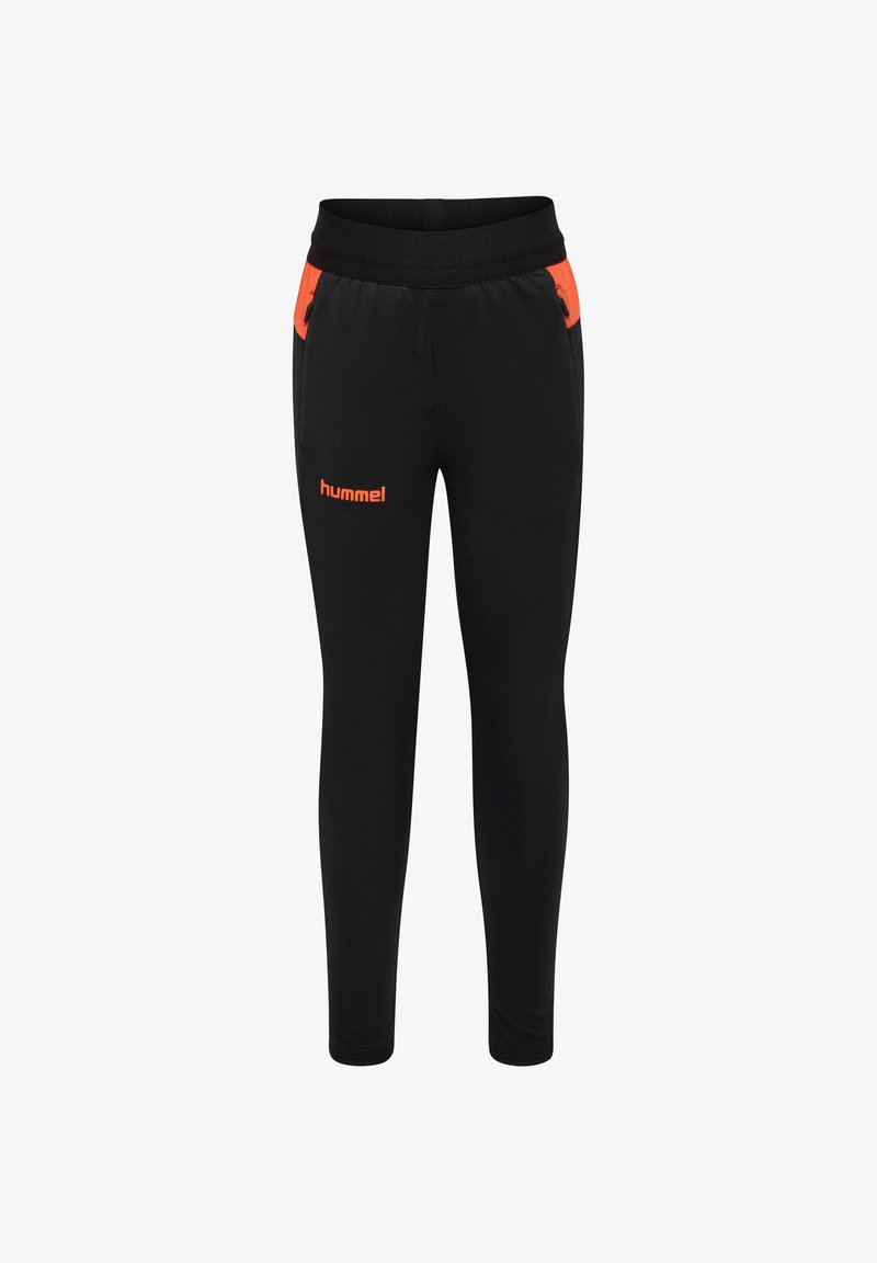 Pantalon de sport noir en tissu lisse, doté d'une taille élastique, d'accents orange vif et du logo "hummel" sur le côté.