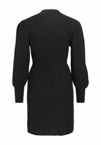 Robe noire tricotée avec de longues manches bouffantes et une taille cintrée, présentant un motif torsadé sur toute la surface, vue de dos.