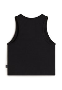 Black tank top made from smooth cotton fabric. Features a round neckline and armholes, with a straight hem and a small side label.