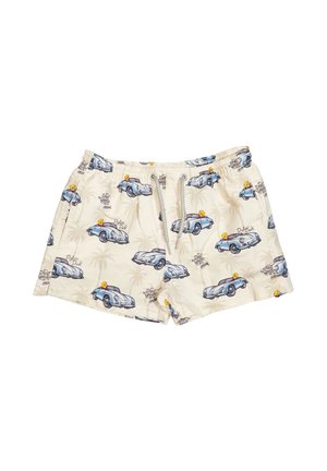 Pantaloncini da bagno beige con vita a coulisse, caratterizzati da un motivo ricorrente di auto d'epoca blu e paperelle gialle in stile cartone animato.