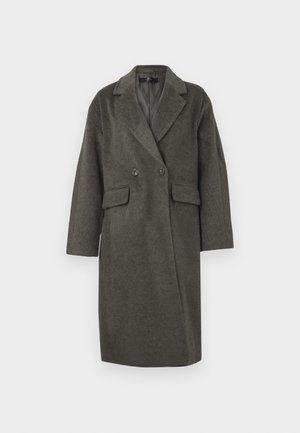 Manteau en laine croisé de couleur gris foncé, doté de grands boutons, de poches latérales et d'un revers cranté. Coupe ample avec des manches longues.